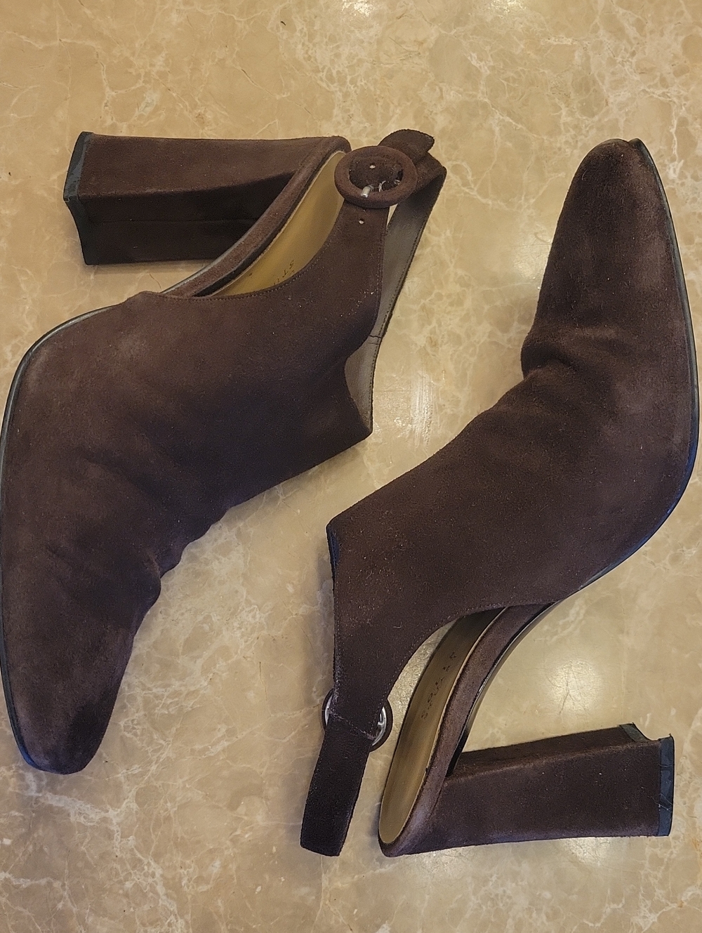 Colin Stuart Dark Brown Suede Slingback Block Heel Mules, 8.5